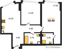 Планировка двухкомнатной(квартира) площадью 58.9 квадратных метров в “ЖК А22”