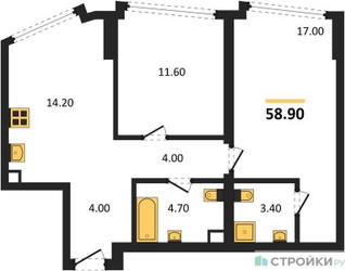 Планировка двухкомнатной(квартира) площадью 58.9 квадратных метров в ЖК “ЖК А22”
