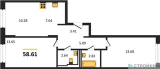 Планировка двухкомнатной(квартира) площадью 58.61 квадратных метров в “ЖК Рублевский Квартал”