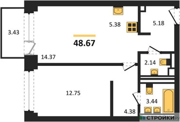 Планировка однокомнатной(квартира) площадью 48.67 квадратных метров в ЖК “ЖК NOVA (Нова)”