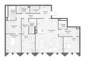 Планировка трехкомнатной(квартира) площадью 186 квадратных метров в “Клубный квартал "Фрунзенская набережная"”