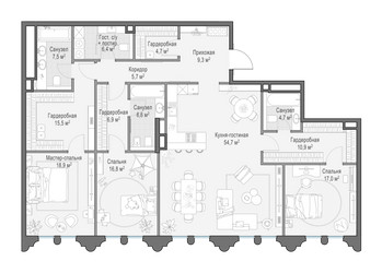 Планировка трехкомнатной(квартира) площадью 186 квадратных метров в ЖК “Клубный квартал "Фрунзенская набережная"”