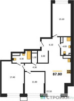 Планировка трехкомнатной(квартира) площадью 87.8 квадратных метров в “ЖК Символ”