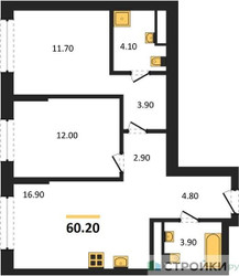 Планировка двухкомнатной(квартира) площадью 60.2 квадратных метров в ЖК “Архитектурный проект U2 (ЮТУ)”