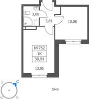 Планировка однокомнатной(апартаменты) площадью 30.94 квадратных метров в “ЖК Волковская 67”