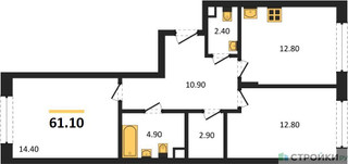 Планировка двухкомнатной(квартира) площадью 61.1 квадратных метров в “ЖК Переделкино Ближнее”