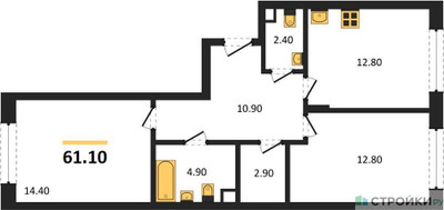 Планировка двухкомнатной(квартира) площадью 61.1 квадратных метров в ЖК “ЖК Переделкино Ближнее”