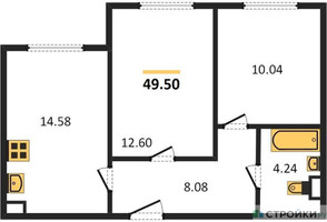 Планировка двухкомнатной(квартира) площадью 49.5 квадратных метров в “ЖК Остафьево”