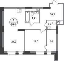 Планировка однокомнатной(квартира) площадью 62 квадратных метров в “ЖК Первый Московский”