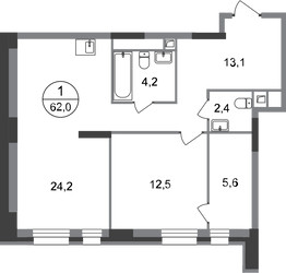 Планировка однокомнатной(квартира) площадью 62 квадратных метров в ЖК “ЖК Первый Московский”