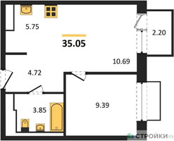 Планировка однокомнатной(квартира) площадью 35.05 квадратных метров в “ЖК Новое Внуково”