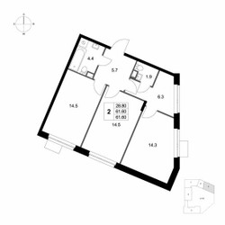Планировка двухкомнатной(квартира) площадью 61.6 квадратных метров в ЖК “ЖК Легенда Марусино”