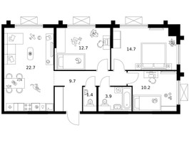 Планировка трехкомнатной(квартира) площадью 75.3 квадратных метров в “ЖК Зеленый парк”