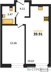 Планировка однокомнатной(квартира) площадью 39.91 квадратных метров в ЖК “ЖК Квартал Тетрис”