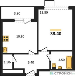 Планировка однокомнатной(квартира) площадью 38.4 квадратных метров в ЖК “ЖК 1-й Южный (Первый Южный)”