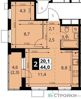 Планировка однокомнатной(квартира) площадью 44 квадратных метров в “ЖК 1-й Измайловский (Первый Измайловский)”