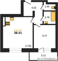 Планировка однокомнатной(квартира) площадью 38.51 квадратных метров в “Зеленый Оазис - Город”