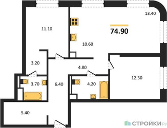 Планировка двухкомнатной(квартира) площадью 74.9 квадратных метров в ЖК “ЖК STONE Sokolniki (Сокольники)”