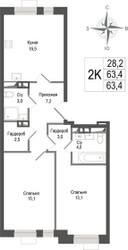 Планировка двухкомнатной(квартира) площадью 63.4 квадратных метров в ЖК “ЖК КИНОКВАРТАЛ”