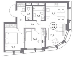 Планировка двухкомнатной(квартира) площадью 61.9 квадратных метров в “ЖК Дом 56”