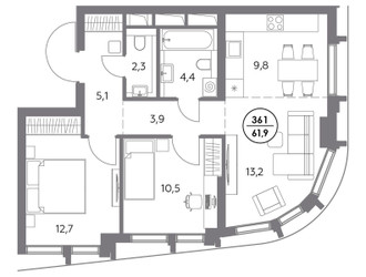 Планировка двухкомнатной(квартира) площадью 61.9 квадратных метров в ЖК “ЖК Дом 56”