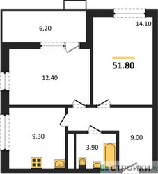 Планировка двухкомнатной(квартира) площадью 51.8 квадратных метров в ЖК “ЖК Прокшино”