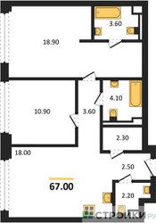 Планировка двухкомнатной(квартира) площадью 67 квадратных метров в ЖК “ЖК СТОУН Грэйн”
