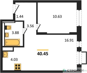 Планировка однокомнатной(квартира) площадью 40.45 квадратных метров в ЖК “ЖК Пятницкие луга”