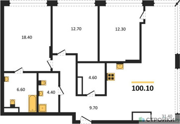 Планировка трехкомнатной(квартира) площадью 100.1 квадратных метров в ЖК “ЖК Остров”