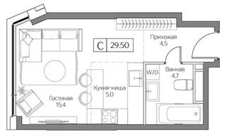 Планировка студии(квартира) площадью 29.5 квадратных метров в “ЖК Дрим Рива”
