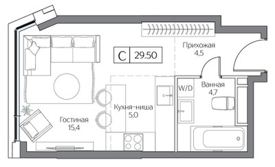 Планировка студии(квартира) площадью 29.5 квадратных метров в ЖК “ЖК Дрим Рива”