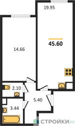 Планировка однокомнатной(апартаменты) площадью 45.6 квадратных метров в ЖК “ЖК Равновесие”
