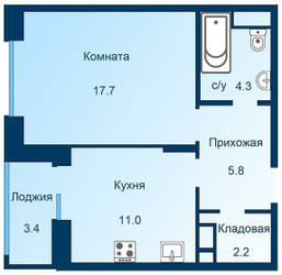 Планировка однокомнатной(квартира) площадью 42.7 квадратных метров в ЖК “ЖК Эдельвейс (Первомайское)”