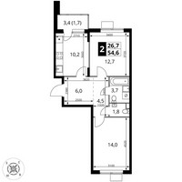 Планировка двухкомнатной(квартира) площадью 54.6 квадратных метров в “ЖК 1-й Шереметьевский (Первый Шереметьевский)”