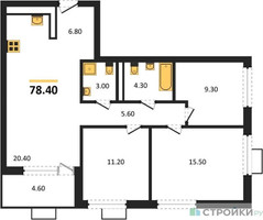 Планировка трехкомнатной(квартира) площадью 78.4 квадратных метров в “ЖК Бунинские кварталы”
