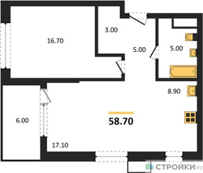 Планировка однокомнатной(квартира) площадью 58.7 квадратных метров в ЖК “ЖК Дзен-кварталы”