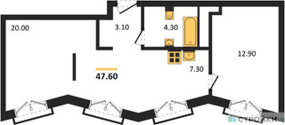 Планировка однокомнатной(квартира) площадью 47.6 квадратных метров в “ДД:ОО:ММ. Дом на Часовой”