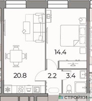 Планировка однокомнатной(квартира) площадью 40.8 квадратных метров в “ЖК ЗИЛАРТ”