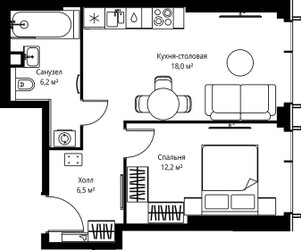 Планировка однокомнатной(квартира) площадью 42.9 квадратных метров в ЖК “ЖК Веер”