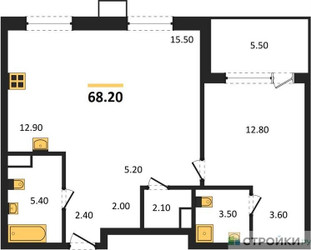 Планировка однокомнатной(квартира) площадью 68.2 квадратных метров в ЖК “ЖК Дзен-кварталы”