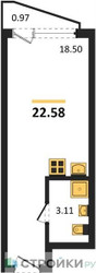 Планировка студии(квартира) площадью 22.58 квадратных метров в ЖК “ЖК Аметист”