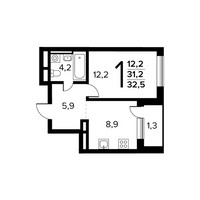 Планировка однокомнатной(квартира) площадью 32.5 квадратных метров в “Новые Ватутинки. Заречный”