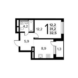 Планировка однокомнатной(квартира) площадью 32.5 квадратных метров в ЖК “Новые Ватутинки. Заречный”