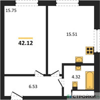 Планировка однокомнатной(квартира) площадью 42.12 квадратных метров в “ЖК Sezar City (Сезар Сити)”