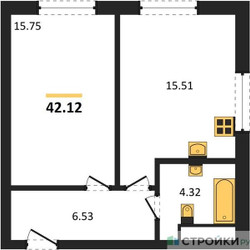 Планировка однокомнатной(квартира) площадью 42.12 квадратных метров в ЖК “ЖК Sezar City (Сезар Сити)”