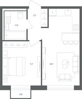 Планировка однокомнатной(квартира) площадью 38.7 квадратных метров в “ЖК Равновесие”