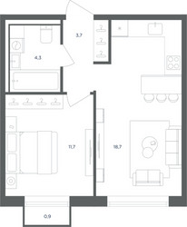 Планировка однокомнатной(квартира) площадью 38.7 квадратных метров в ЖК “ЖК Равновесие”