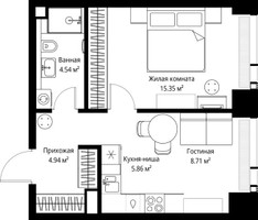 Планировка однокомнатной(квартира) площадью 39.4 квадратных метров в “ЖК Веер”