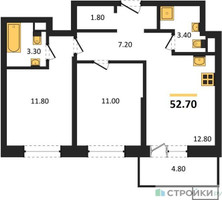 Планировка двухкомнатной(квартира) площадью 52.7 квадратных метров в “ЖК Союзный”