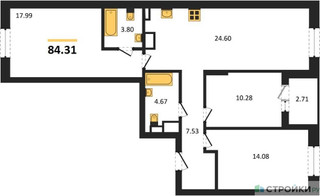 Планировка трехкомнатной(квартира) площадью 84.31 квадратных метров в “ЖК Светлый мир Станция Л”